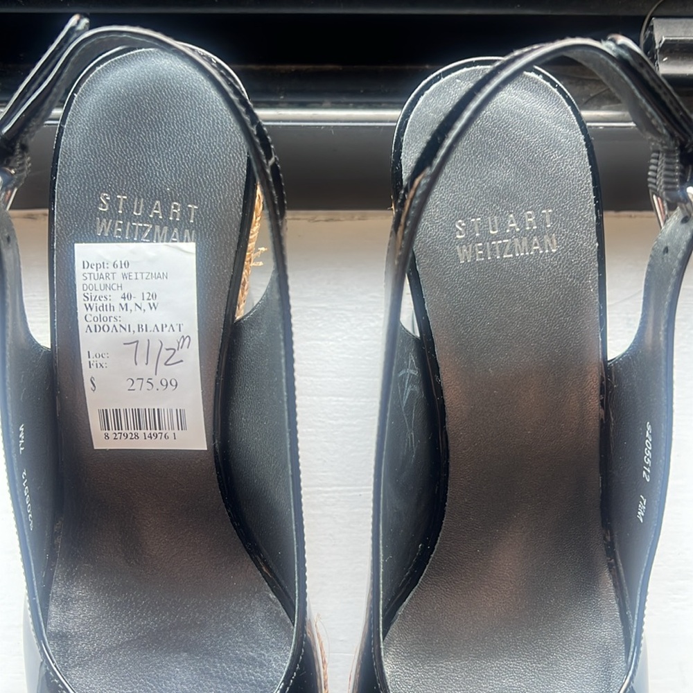 Stuart Weitzman NWT 7.5m Black Patent and Woven Wedges - Picture 2 of 14